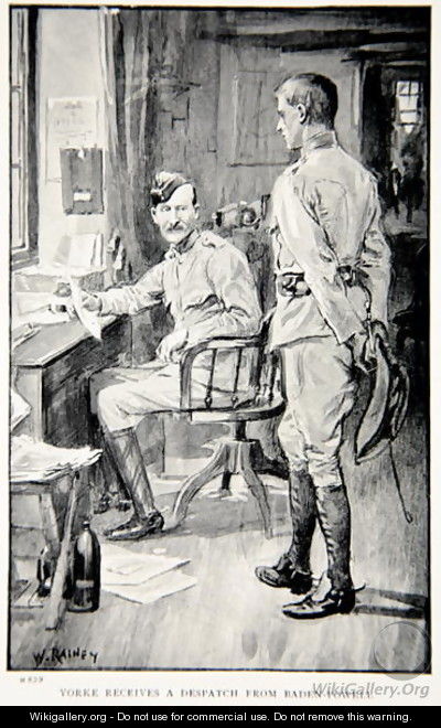 Yorke receives a despatch from Baden-Powell, an illustration from With Roberts to Pretoria A Tale of the South African War by G.A. Henty, pub. London, 1902 - (after) Rainey, William