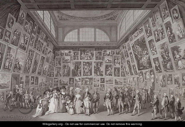 Interior view of Somerset House showing King George III (1738-1820), Queen Charlotte (1744-1818) and the Royal family viewing an exhibition of the Royal Academy of Arts in 1788, 1788 - Johann Heinrich Ramberg