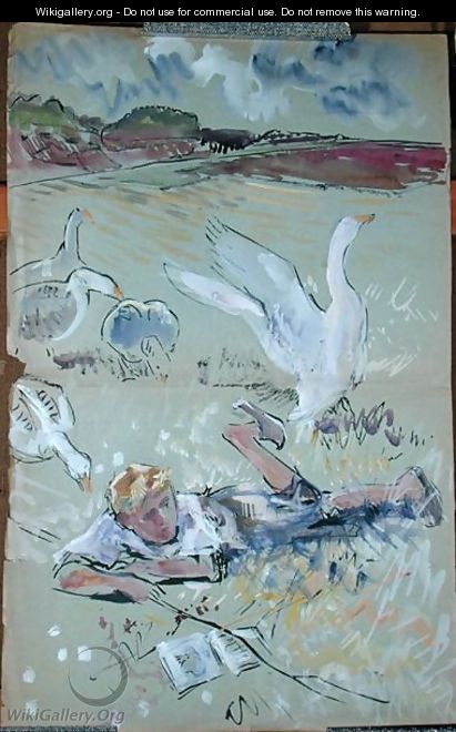 Nils guarding the geese, illustration from The Wonderful Adventures of Nils by Selma Lagerlof 1858-1940 c.1920-30 - Roger Reboussin
