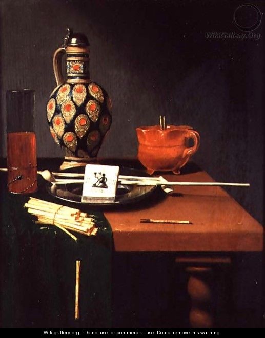 Still Life with a Stoneware Jug and Glass and Smoking Requisites - Hubert van Ravenstyn