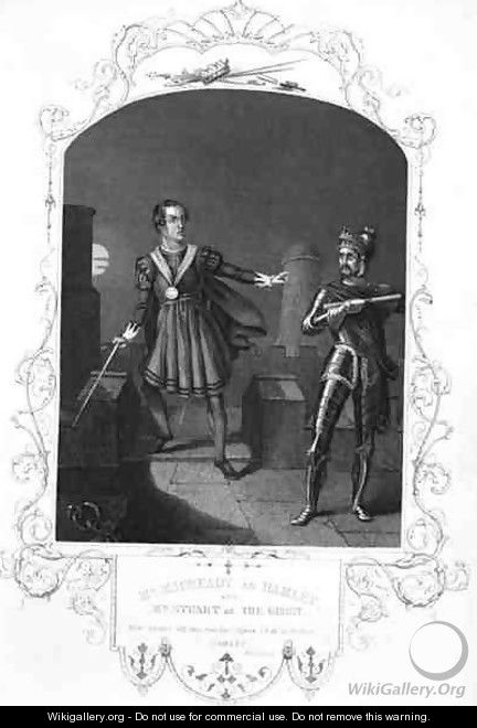 Mr Macready as Hamlet and Mr Stuart as The Ghost, Act I Scene 5, in Hamlet by William Shakespeare 1564-1616 engraved by George Hollis 1792-1842 - Alexander Reid