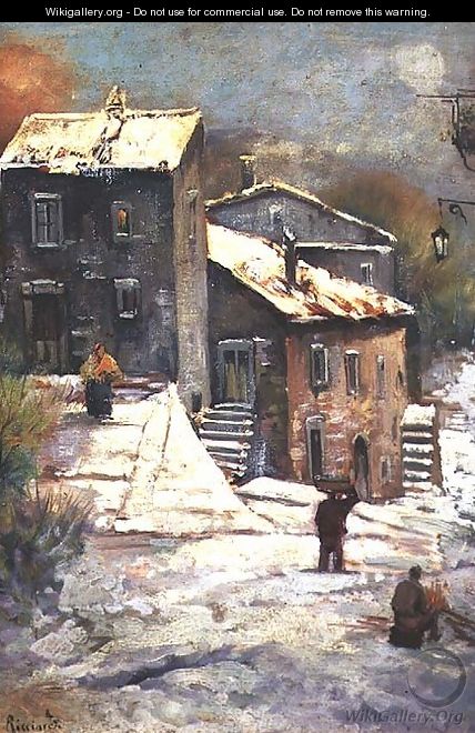 Figures in a Snowy Village - Oscar Ricciardi
