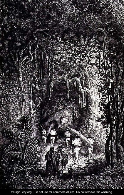 Through the Forest to the Palta Lake, engraved by Bertrand, page 209 from Vol. 2 of Journey Across South America by P. Marcoy, 1873 - Edouard Riou