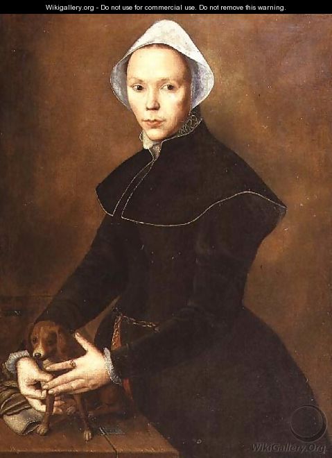 Portrait of a lady with a lapdog on a table - Pieter Pietersz