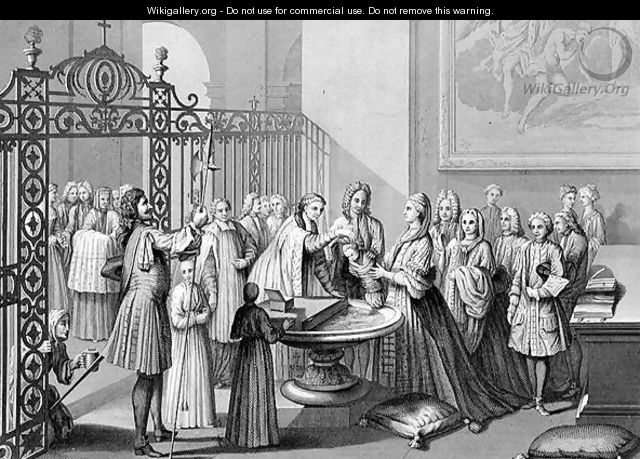 Baptism according to the Church of Rome in the 18th century, engraved by A. Thorn, from World Religion, published by A. Fullarton and Co. - (after) Picart