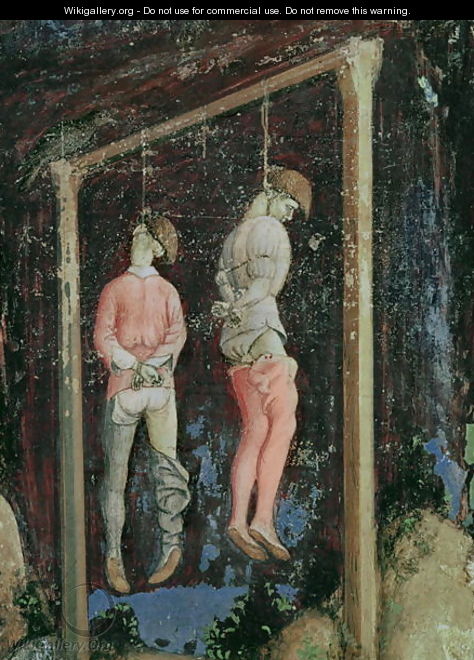 St. George and the Princess of Trebizond, detail of two hanging men from the left hand side, c.1433-38 - Antonio Pisano (Pisanello)