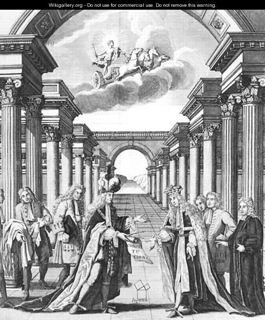 The constitutions of freemasonry by James Anderson, frontispiece, published by John Senex and John Hook, London, 1723 - John Pine