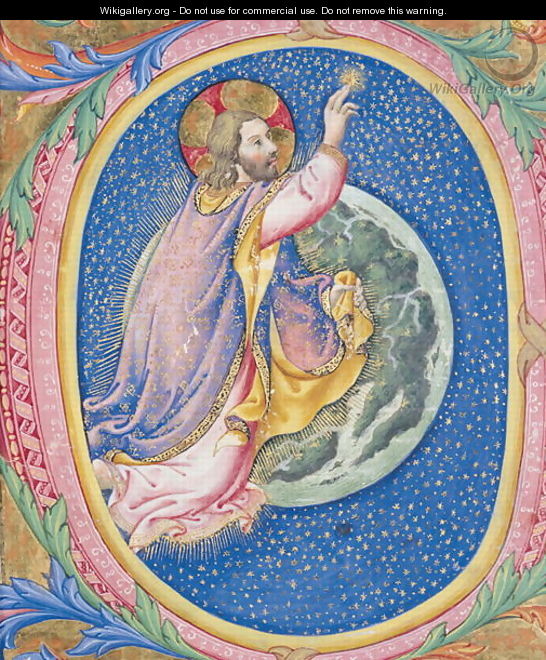 Historiated initial O depicting God creating the stars - Sano Di Pietro