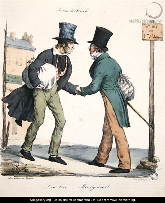 One man leaving and the other returning to hospital, caricature from the Moeurs Parisiennes series, engraved by Langlume, c.1825 - (after) Pigal, Edme Jean