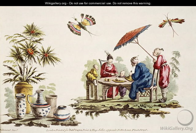 Illustration showing figures wearing Japanese apparel and parasol from For Ladies Amusement..Art of Japanning..Pillement, Jean Baptiste 1728-1808 - Jean-Baptiste Pillement