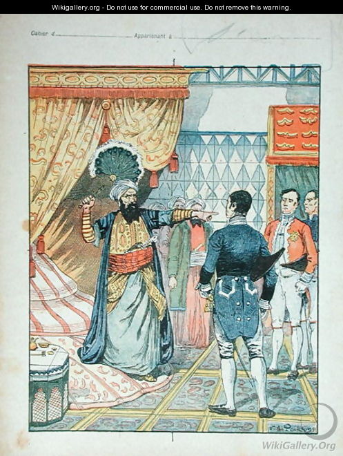The Dey of Algiers, Hussein ibn El Hussein strikes the French ambassador, M. Deval with a fan, 27th April 1827, cover of a school textbook, 1891 - V.A. Poirson
