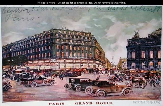Postcard depicting the Grand Hotel, Cafe de la Paix and the Place de lOpera, Paris, 1929 - Plumereau