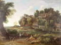 An Italianate wooded landscape with figures resting on a path and a town beyond - Nicolas Poussin