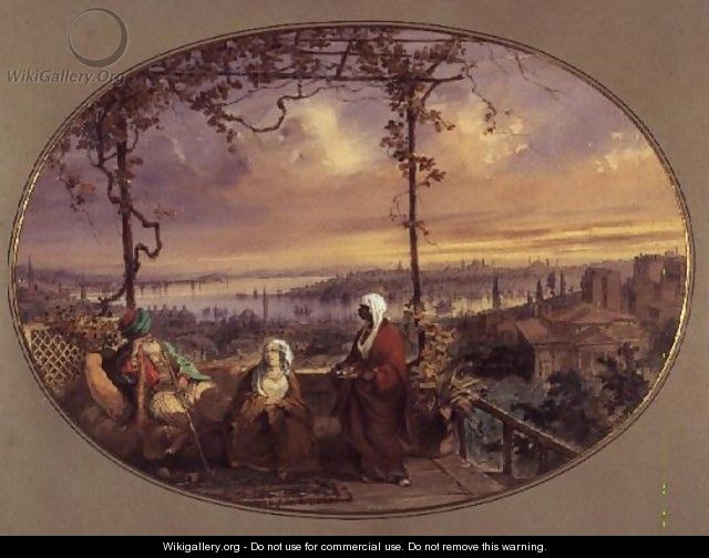 View from terrace of a house in Galata, with a Turk, his wife and servant looking towards the mouth of the Golden Horn and Bosphorus - Amadeo Preziosi