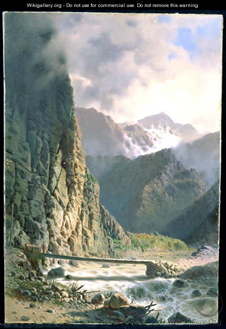 Plank bridge in a deep gorge in the Caucasus Mountains, c.1860 - Luigi (Ludwig Osipovich) Premazzi
