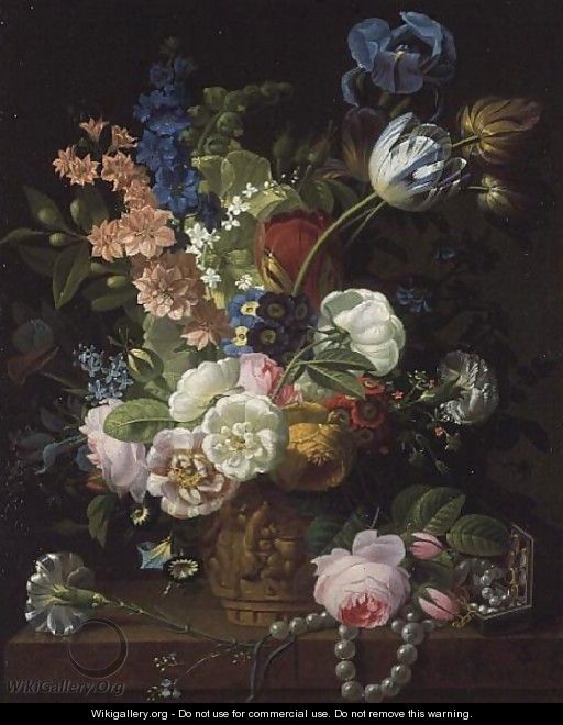 A Still Life of Roses, Tulips, Carnations, Stocks and Other Flowers in a Decorative Urn, Resting on a Stone Ledge - Jean-Louis Prevost