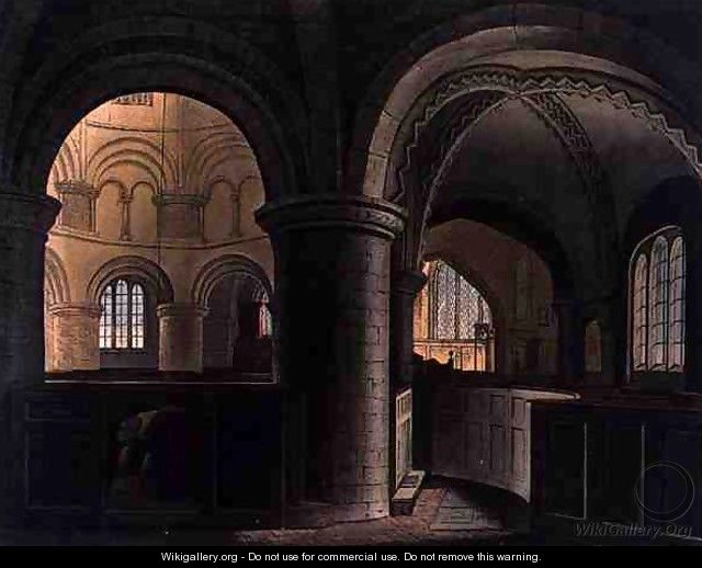 Interior of the Church of the Holy Sepulchre, Cambridge, from The History of Cambridge, engraved by J. Hill, pub. by R. Ackermann, 1815 - (after) Pugin, Augustus Charles