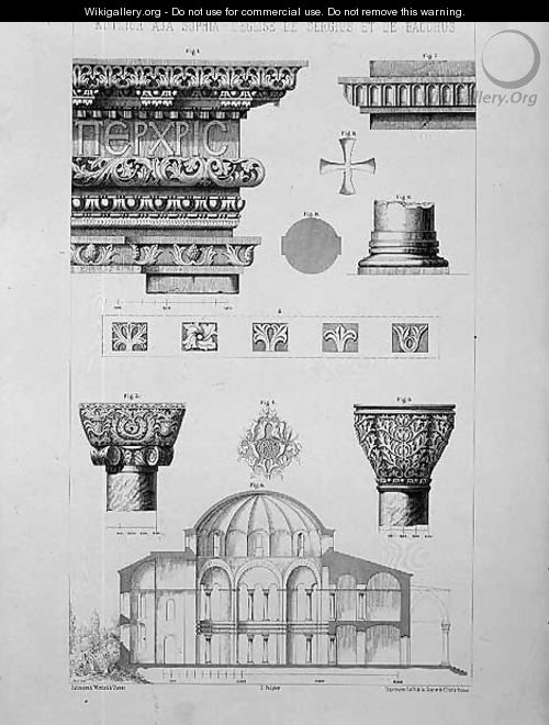 Cross section and architectural details of Kutciuk Aja Sophia, the church of Sergius and Bacchus, from Church Architecture of Constantinople, pub. by Lehmann and Wentzel of Vienna, c.1870-80 - (after) Pulgher, D.