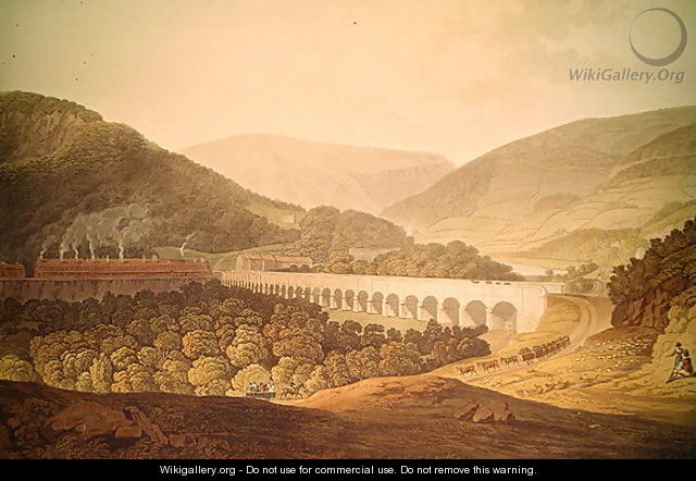 View of a Stone Bridge across the Valley and River at Risca in Monmouthshire - (after) Pugh, Edward