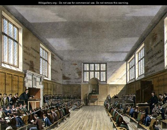 Harrow School Room from History of Harrow School, part of History of the Colleges, engraved by Daniel Havell 1785-1826 pub. by R. Ackermann, 1816 - (after) Pugin, Augustus Charles