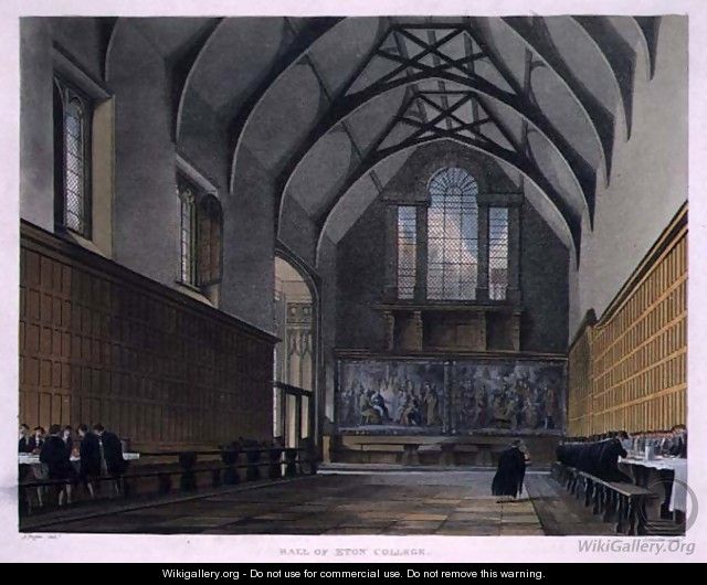 Hall of Eton College, from History of Eton College, part of History of the Colleges, engraved by Joseph Constantine Stadler fl.1780-1812 pub. by R. Ackermann, 1816 - (after) Pugin, Augustus Charles