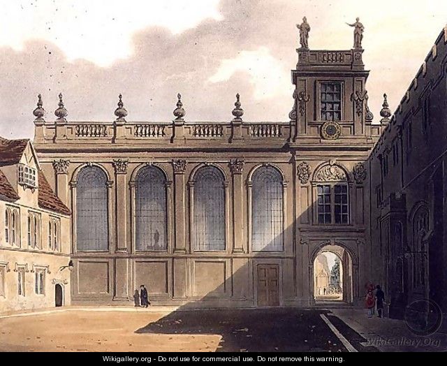 Exterior of Trinity College Chapel, illustration from the History of Oxford, engraved by J. Bluck fl.1791-1831 pub. by R. Ackermann, 1813 - (after) Pugin, Augustus Charles