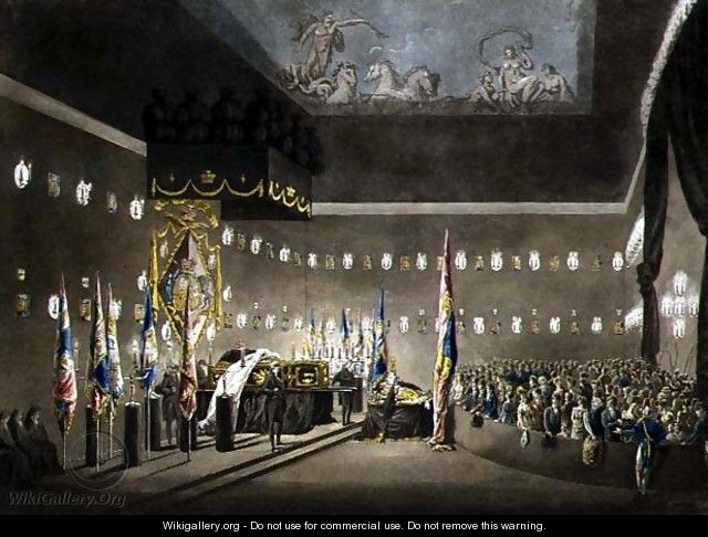 Remains of Lord Viscount Nelson Laying in State in the Painted Chamber at Greenwich Hospital, engraved by J. Merigot, pub. 1806 - (after) Pugin, Augustus Charles