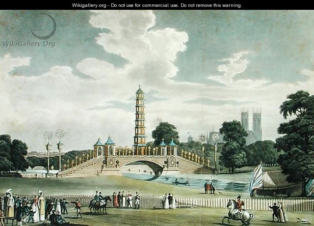 View of the Bridge and Pagoda, St. Jamess Park, Erected for the Grand Jubilee, In Celebration of the Peace, engraved by J. R. Hamble, 1814 - (after) Pugin, Augustus Charles