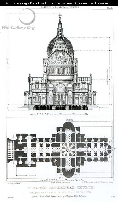 Cross section of St. Pauls Cathedral and plan of the vaults, engraved by C. J. Mathews and G. Gladwin, published in 1823 - (after) Pugin, Augustus Charles