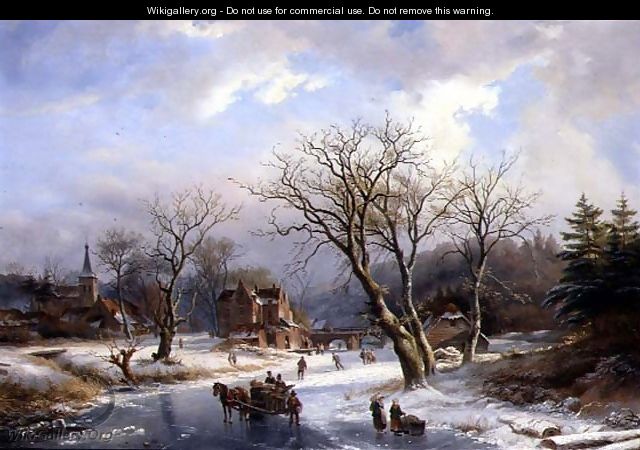 Figures Skating on a Frozen River Before a Village - Albert Jurardus van Prooijen