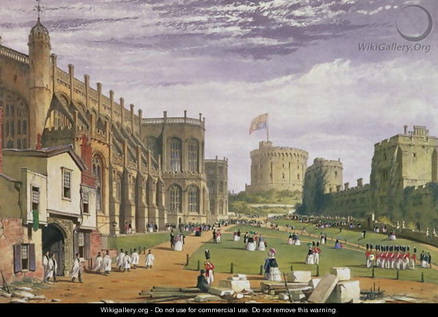 Lower Ward with a view of St Georges Chapel and the Round Tower, Windsor Castle, 1838 - James Baker Pyne