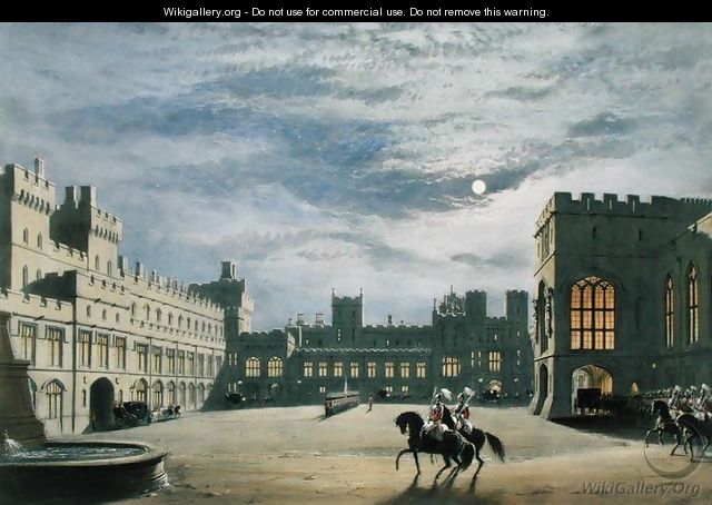 State arrival of a royal visitor, the Quadrangle by moonlight, Windsor Castle, 1838 - James Baker Pyne