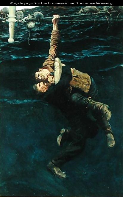 He Lost his Hold and Fell, Taking Me with him, from The Grain Ship by Morgan Robertson, published in Harpers Monthly Magazine, March 1909 - Howard Pyle