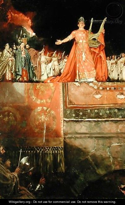 Nero AD 37-68 holding a golden lute with Rome in flames, from Quo Vadis by Henryk Sienkiewicz, published 1897 - Howard Pyle
