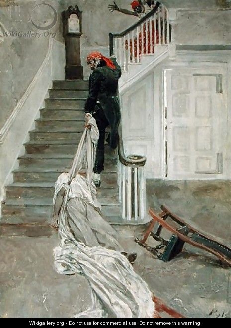 The Gigantic Monster Dragged the Hacked and Headless Corpse of his Victim up the Staircase, from In Ole Virginia by Thomas Nelson Page 1853-1922, published 1896 - Howard Pyle