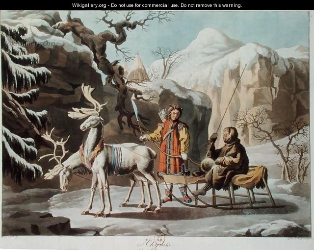 Yakuts of central Siberia in winter landscape, clad in furs and with a reindeer sledge, published 1813 - Anonymous Artist