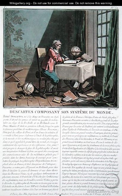 Rene Descartes 1596-1650 writing his world system, engraved by Jean Baptiste Morret fl.1790-1820, 1791 - (after) Swebach, Jacques Francois Joseph
