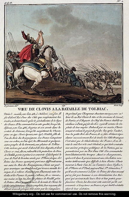 Clovis I c.466-511 at the Battle of Tolbiac, 496 AD, engraved by Jean Baptiste Morret fl.1790-1820, 1791 - (after) Swebach, Jacques Francois Joseph