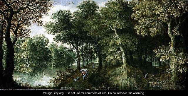 Wooded River Landscape with a Pedlar and Dog on a Track, 1624 - Maerten Ryckaert