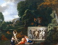 A Classical landscape with maidens dancing by a sarcophagus depicting the Triumph of Silenus - Pieter Rysbrack