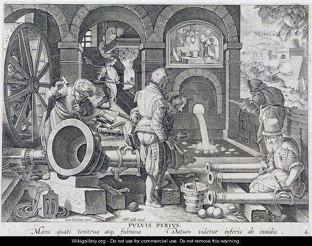 The Invention of Gunpowder and the First Casting of Bronze Cannon, plate 4 from Nova Reperta New Discoveries engraved by Philip Galle 1537-1612 c.1600 - (after) Straet, Jan van der (Giovanni Stradano)