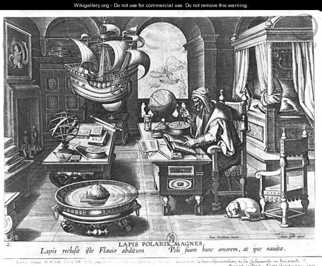 Flavio Gioia of Amalfi discovering the Power of the Lodestone, plate 3 from Nova Reperta New Discoveries engraved by Philip Galle 1537-1612 c.1600 - (after) Straet, Jan van der (Giovanni Stradano)