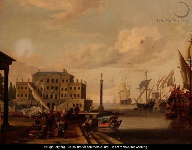 A capriccio of a Mediterranean Harbour with merchants and shipping at anchor - Abraham Storck