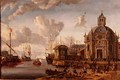 A capriccio Mediterranean harbour with a galley at anchor - Abraham Storck
