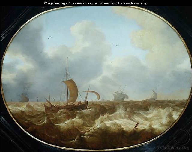 Fishing boats and other vessels in a stormy sea - Cornelis Stooter