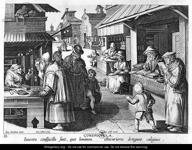 The Spectacles Seller, engraved by Jan Collaert and Joan Galle 1600-76 - (after) Straet, Jan van der (Giovanni Stradano)