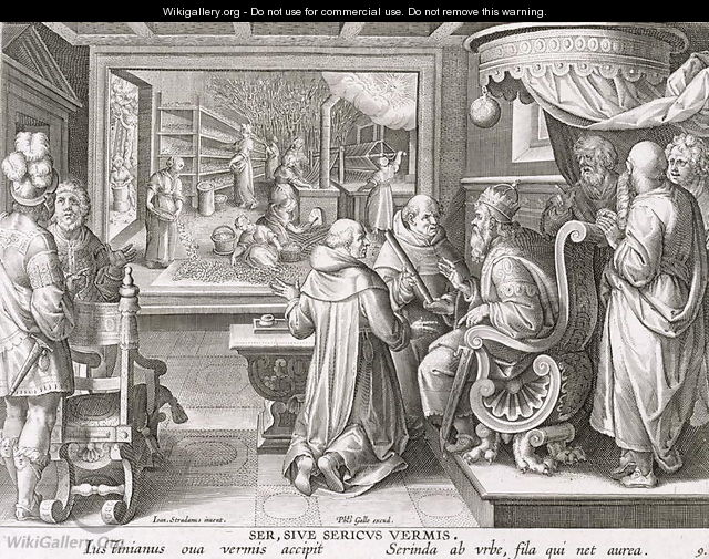 The Beginning of the Silk Industry in Europe, plate 9 from Nova Reperta New Discoveries engraved by Philip Galle 1537-1612 c.1600 - (after) Straet, Jan van der (Giovanni Stradano)