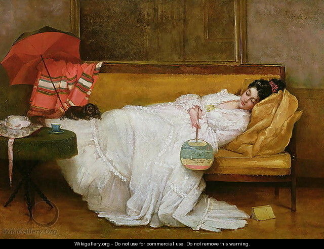 Girl in a white dress resting on a sofa - Alfred-Emile-Leopole Stevens