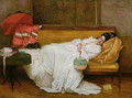 Girl in a white dress resting on a sofa - Alfred-Emile-Leopole Stevens