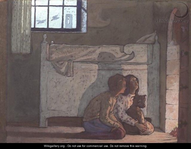 Study of children by a fire, possibly from The Bluebird by Maeterlinck, 1911 - Frederick Cayley Robinson